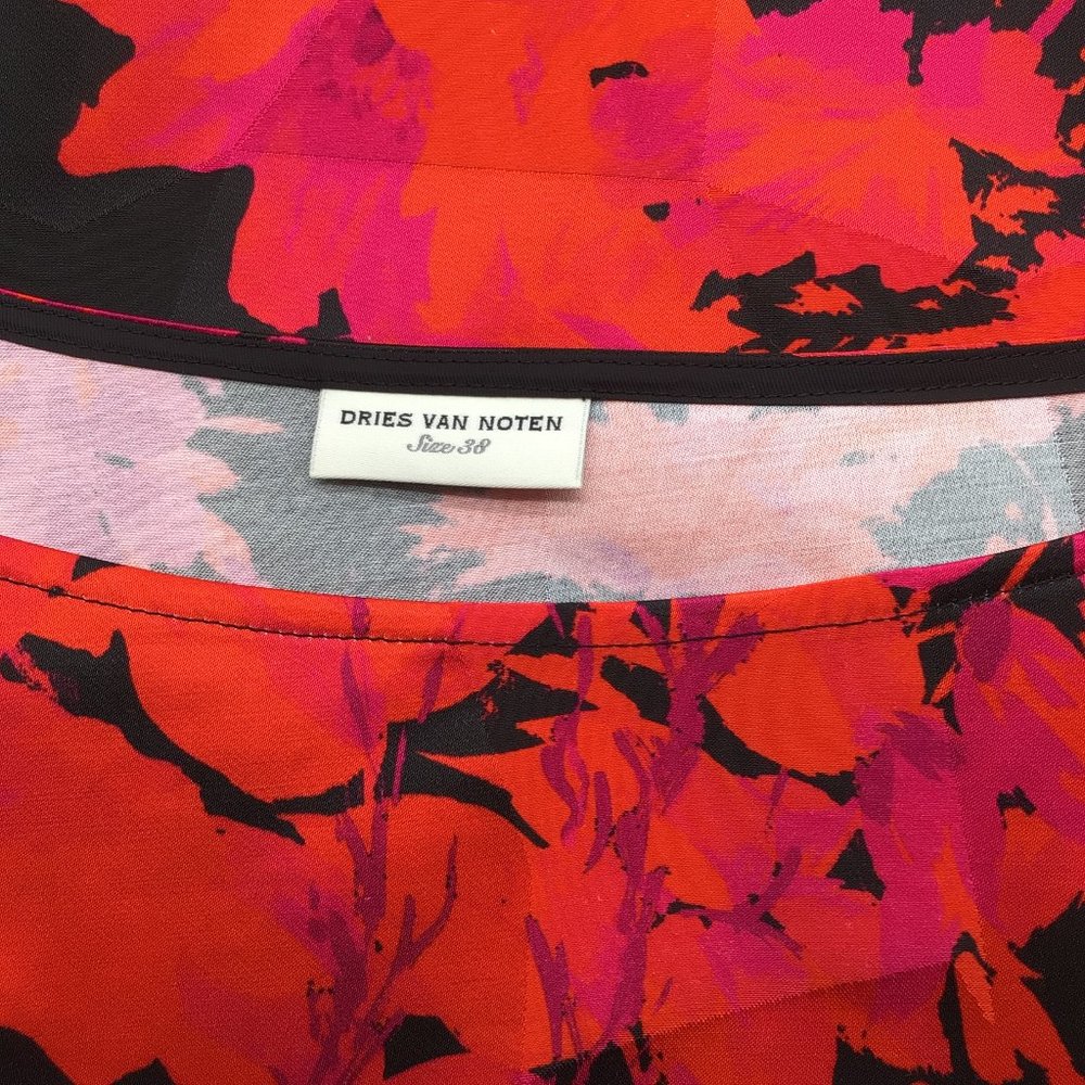 DRIES VAN NOTEN RED / BLACK MULTI FLORAL PRINTED COTTON MIDI DRESS - Picture 4 of 4
